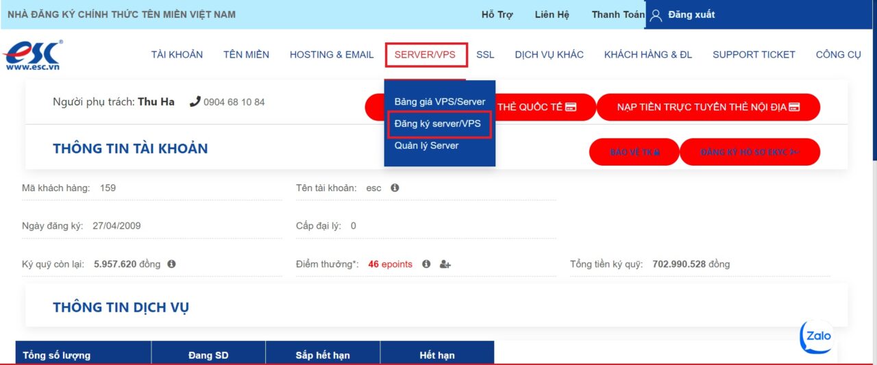 Chọn đăng ký Server VPS từ danh mục menu