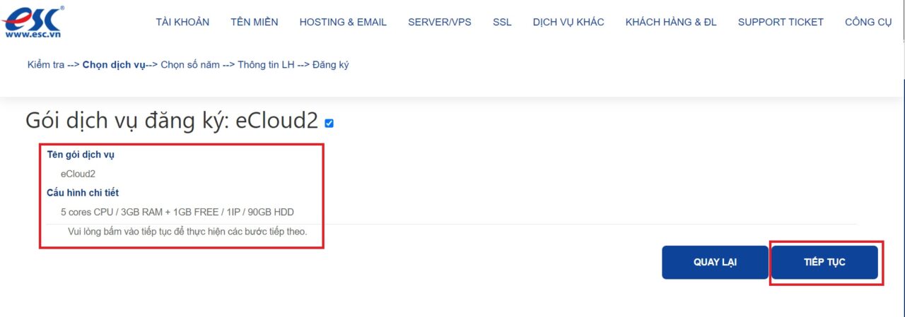 Xác nhận chi tiết cấu hình VPS đã chọn