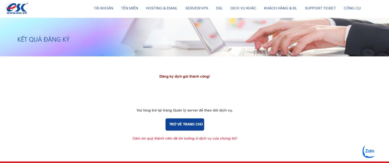 Màn hình thông báo đăng ký thành công dịch vụ VPS