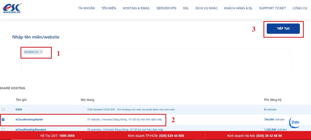 Nhập tên miền và lựa chọn gói Cloud Hosting