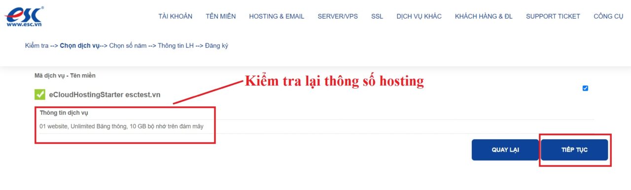 Xác nhận lại các thông số gói Hosting đã chọn
