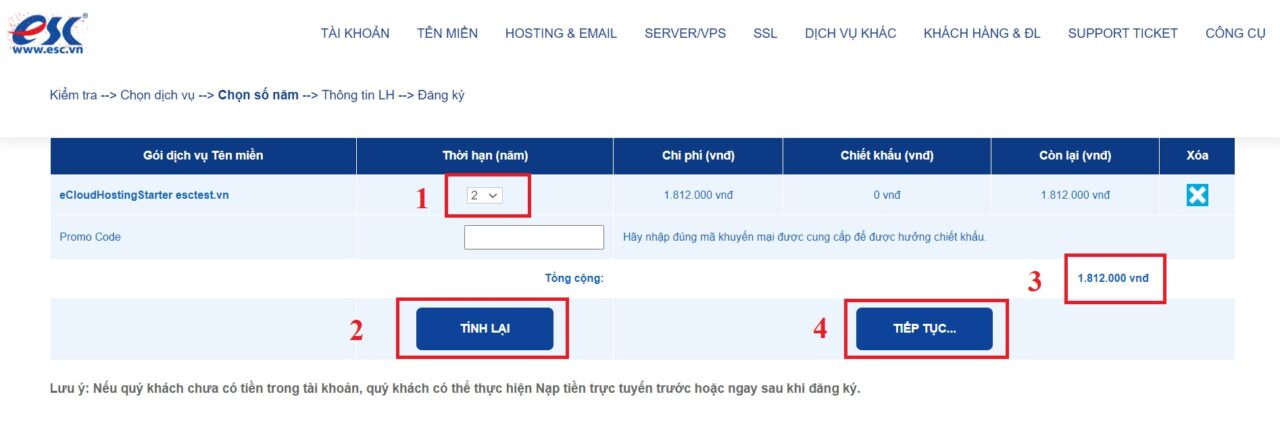 Chọn thời hạn đăng ký hosting và tính lại chi phí