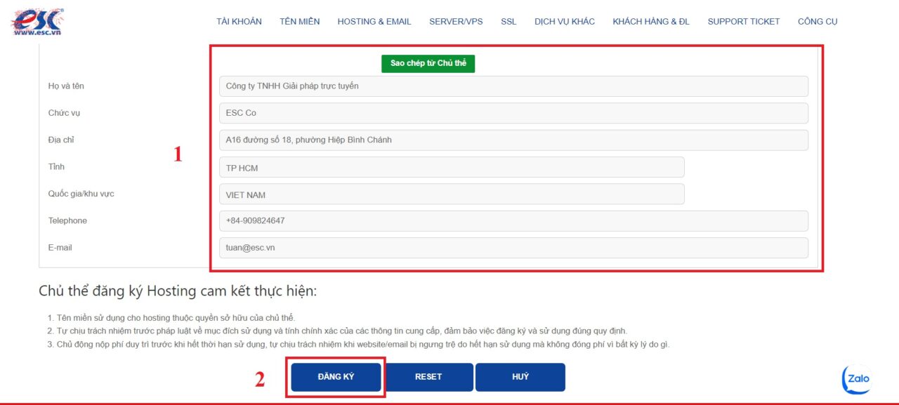 Kiểm tra thông tin chủ thể và bấm Đăng ký Hosting
